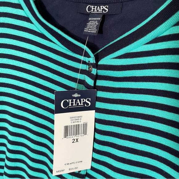 CHAPS Seafoam Green Navy Blue Stripe V-Neck Top T-Shirt Blouse Plus Size 2X NEW - Picture 2 of 8